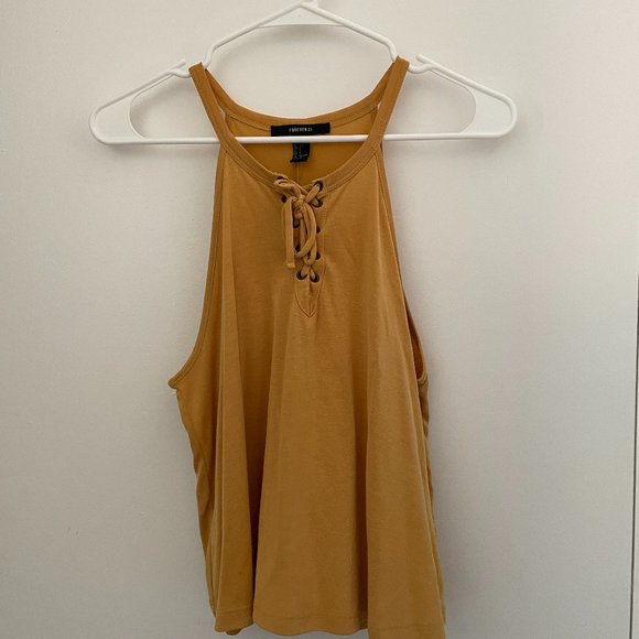 Forever 21 Mustard Yellow Criss Cross Halter Tank Top - Picture 1 of 5